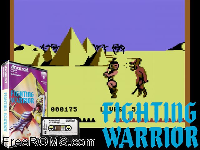 Fighting Warrior (UK) (1985) [h1] Amstrad CPC game showing 3D box cover and gameplay screenshot